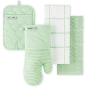 KITCHENAID Quilted Cotton Terry Cloth Oven Mitt, Pot Holder, Kitchen Towel 4-Pack Set, Heat Resistant, Silicone Grip, 16″x26″, 7″x13″ & 7″x10″, Aqua Sky(Pistachio)
