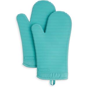 KITCHENAID Ribbed Soft Silicone Oven Mitt 2-Pack Set, 7.5″x13″, Lavender Cream(Aqua Sky)