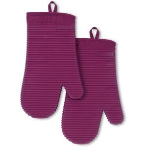 KITCHENAID Ribbed Soft Silicone Oven Mitt 2-Pack Set, 7.5″x13″, Lavender Cream(Beet)