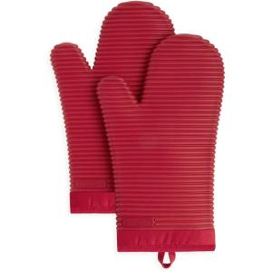 KITCHENAID Ribbed Soft Silicone Oven Mitt 2-Pack Set, 7.5″x13″, Lavender Cream(Passion Red)