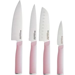 KitchenAid 4 Piece Chef Knife Set with Blade Covers, 6 Inch Chef Knife, 5 Inch Santoku, 5.5 Inch Serrated Utility, 3.5 Inch Paring High Carbon Japanese Steel, Dried Rose(Dried Rose)