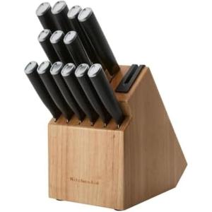 KitchenAid Classic Slim Knife Block Set with Built-In Knife Sharpener, High Carbon Stainless Steel Kitchen Knives, Sharp Kitchen Knife Set with Block, 14-Piece, White(Natural)
