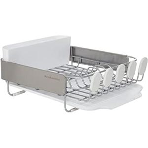 KitchenAid Compact, Space Saving Rust Resistant Dish Rack, with Angled Self Draining Drain Board and Removable Flatware Caddy, 16.06-Inch, Gray(White)