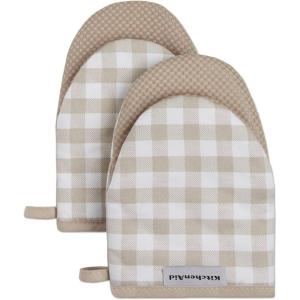 KitchenAid Gingham Mini Oven Mitt 2-Pack Set, Dried Rose, 5.5″x8″(Milkshake Tan)