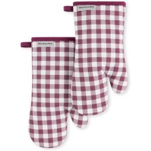 KitchenAid Gingham Oven Mitt 2-Pack Set, Aqua Sky, 7″x13″(Beet)