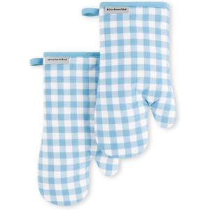 KitchenAid Gingham Oven Mitt 2-Pack Set, Aqua Sky, 7″x13″(Blue Velvet)