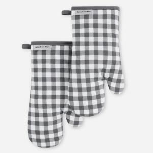 KitchenAid Gingham Oven Mitt 2-Pack Set, Aqua Sky, 7″x13″(Charcoal Grey)