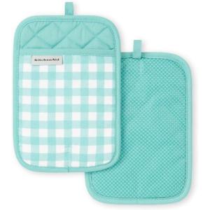 KitchenAid Gingham Pot Holder 2-Pack Set, Aqua Sky, 7″x10″(Aqua Sky)