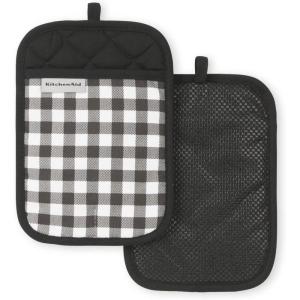 KitchenAid Gingham Pot Holder 2-Pack Set, Aqua Sky, 7″x10″(Matte Black)