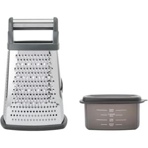 KitchenAid Gourmet 4-Sided Stainless Steel Box Grater for Fine, Medium and Coarse Grate, and Slicing, Detachable 3 Cup Storage Container and Measurment Markings, Dishwasher Safe, 10 inches tall, Black(Charcoal Gray)