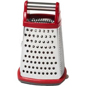 KitchenAid Gourmet 4-Sided Stainless Steel Box Grater for Fine, Medium and Coarse Grate, and Slicing, Detachable 3 Cup Storage Container and Measurment Markings, Dishwasher Safe, 10 inches tall, Black(Red)