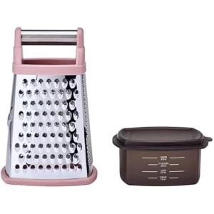 KitchenAid Gourmet 4-Sided Stainless Steel Box Grater for Fine, Medium and Coarse Grate, and Slicing, Detachable 3 Cup Storage Container and Measurment Markings, Dishwasher Safe, 10 inches tall, Black(Dried Rose)