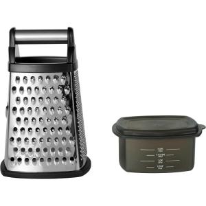 KitchenAid Gourmet 4-Sided Stainless Steel Box Grater for Fine, Medium and Coarse Grate, and Slicing, Detachable 3 Cup Storage Container and Measurment Markings, Dishwasher Safe, 10 inches tall, Black(Black)