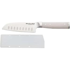 KitchenAid Gourmet Forged Santoku Knife with Custom-Fit Blade Cover, Sharp Kitchen Knife, High-Carbon Japanese Stainless Steel Blade, 5 inch, Milkshake