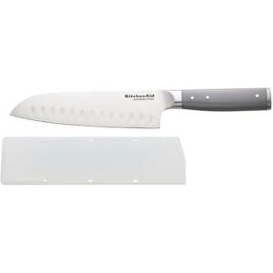 KitchenAid Gourmet Forged Santoku Knife with Custom-Fit Blade Cover, Sharp Kitchen Knife, High-Carbon Japanese Stainless Steel Blade, 7 Inch, Gray(Gray)