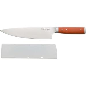 KitchenAid Gourmet Forged Santoku Knife with Custom-Fit Blade Cover, Sharp Kitchen Knife, High-Carbon Japanese Stainless Steel Blade, 7 Inch, Gray(Orange)