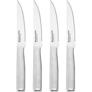 KitchenAid Gourmet Forged Stainless Steel Serrated Utility Knife with Custom-Fit Blade Cover, 5.5-inch, Sharp Kitchen Knife, Brushed Stainless Steel Handle(4-Piece Steak Knife Set)