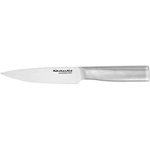 KitchenAid Gourmet Forged Stainless Steel Serrated Utility Knife with Custom-Fit Blade Cover, 5.5-inch, Sharp Kitchen Knife, Brushed Stainless Steel Handle(5.5-Inch Serrated Utility Knife)
