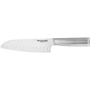 KitchenAid Gourmet Forged Stainless Steel Serrated Utility Knife with Custom-Fit Blade Cover, 5.5-inch, Sharp Kitchen Knife, Brushed Stainless Steel Handle(7-Inch Santoku Knife)