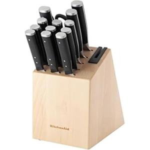 KitchenAid Gourmet Forged Triple Rivet Knife Block Set with Built-in Knife Sharpener, High Carbon Japanese Stainless Steel Kitchen Knives, Sharp Kitchen Knife Set with Block, Birchwood, 14-Piece(Black)