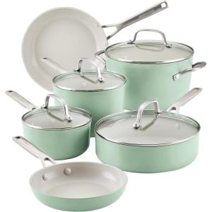 KitchenAid Hard Anodized Ceramic Nonstick Cookware/Pots and Pans Set, 10 Piece – Pistachio(Pistachio)
