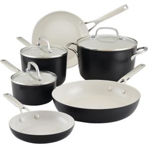 KitchenAid Hard Anodized Ceramic Nonstick Pots and Pans Set with Saucepans, Frying Pans, Stockpot, and Lids, 10 Piece Non Stick Cookware Set with Stainless Steel Handles – Porcelain White(Matte Black)
