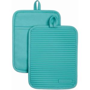 KitchenAid Ribbed Soft Silicone Pot Holder 2-Pack Set, Lavender Cream Purple, 7″x9″(Aqua Sky)