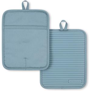 KitchenAid Ribbed Soft Silicone Pot Holder 2-Pack Set, Lavender Cream Purple, 7″x9″(Fog Blue)