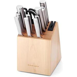 KitchenAid Slim Two-Tone Knife Block Set with Built-In Knife Sharpener, High Carbon Stainless Steel Kitchen Knives, Sharp Kitchen Knife Set with Block, 14-Piece, White(Natural)