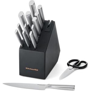 KitchenAid Slim Two-Tone Knife Block Set with Built-In Knife Sharpener, High Carbon Stainless Steel Kitchen Knives, Sharp Kitchen Knife Set with Block, 14-Piece, White(Black)