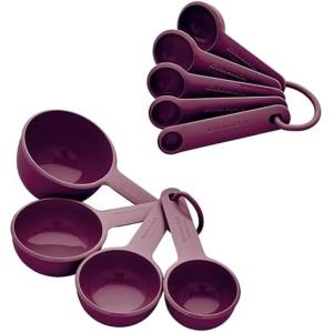 KitchenAid Universal Easy To Read Measuring Cup and Spoon Set with Soft Grip Handle for Maximum Control, Hang Hole and Nesting For Easy Storage, Dishwasher Safe, 9 Piece, Lavender Cream(Beetroot)