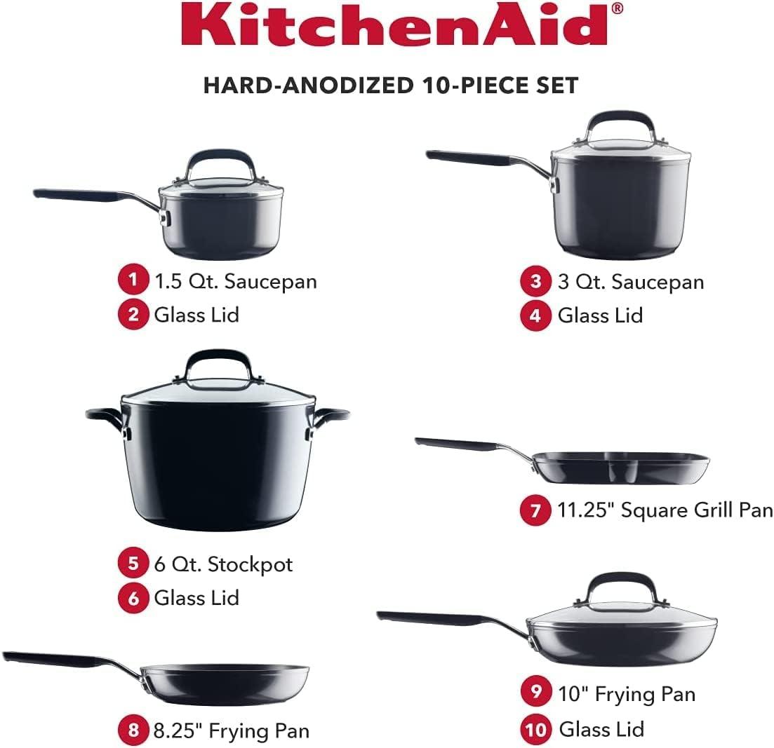 imageKitchenAid 84800 Hard Anodized Nonstick Cookware Pots and Pans Set 10 Piece Onyx Black