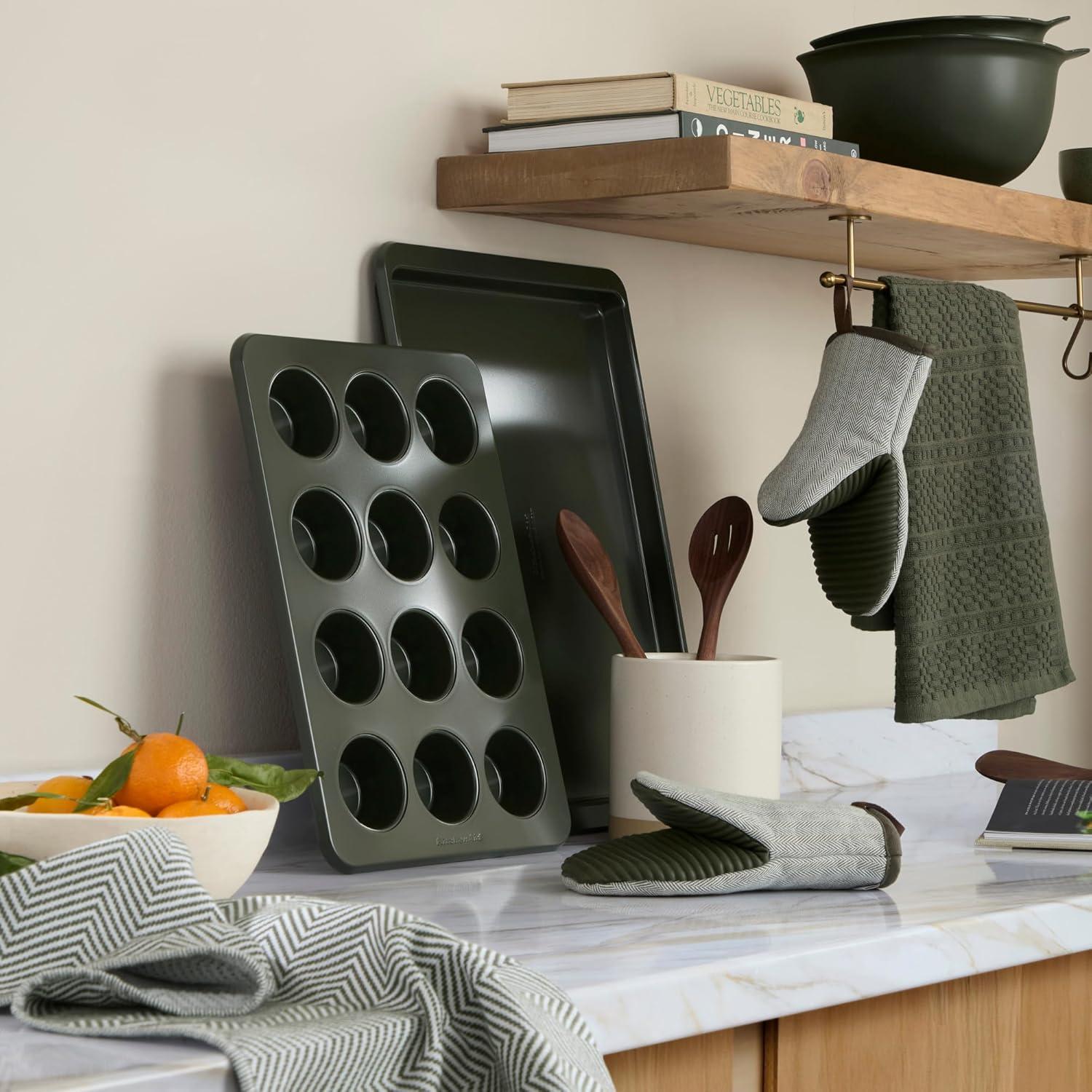 imageKITCHENAID Evergreen Design Series Herringbone Ribbed Soft Silicone Mini Oven Mitts 2Pack Set Heat Resistant up to 500F Flexible ampamp Waterproof Deep Forest Green 55quotx9quot