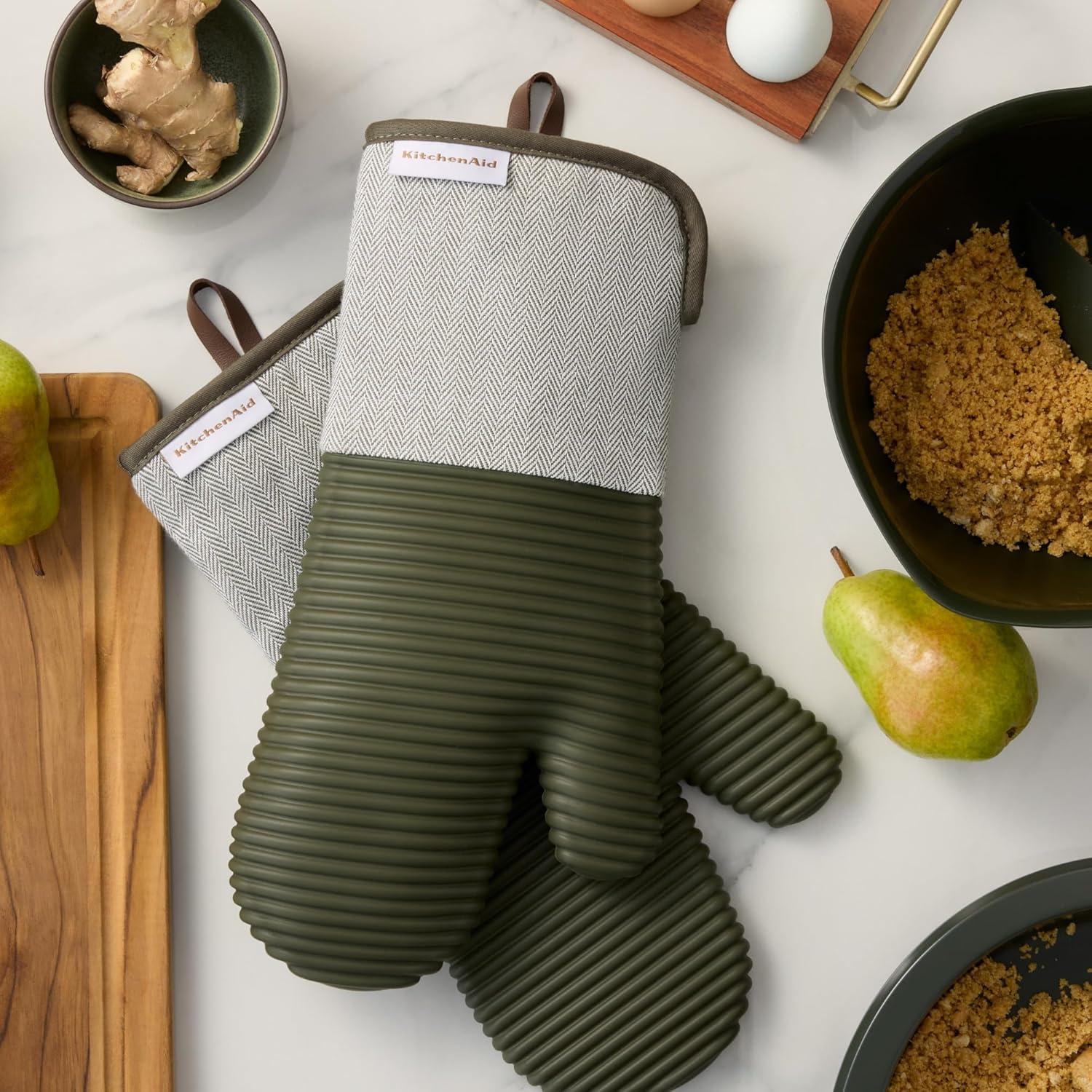 imageKITCHENAID Evergreen Design Series Herringbone Ribbed Soft Silicone Oven Mitts 2Pack Set Heat Resistant up to 500F Flexible ampamp Waterproof Deep Forest Green 7quotx14quot
