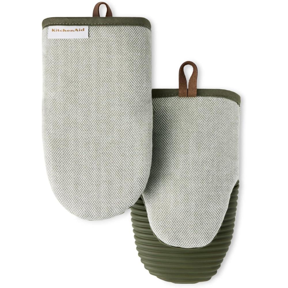 imageKITCHENAID Evergreen Design Series Herringbone Ribbed Soft Silicone Mini Oven Mitts 2Pack Set Heat Resistant up to 500F Flexible ampamp Waterproof Deep Forest Green 55quotx9quot