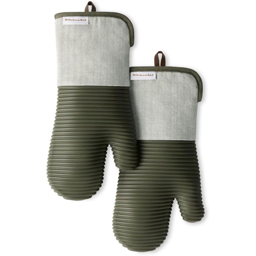 imageKITCHENAID Evergreen Design Series Herringbone Ribbed Soft Silicone Oven Mitts 2Pack Set Heat Resistant up to 500F Flexible ampamp Waterproof Deep Forest Green 7quotx14quot