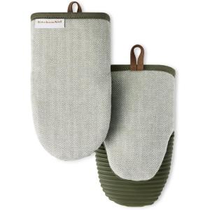 KITCHENAID® Evergreen Design Series Herringbone Ribbed Soft Silicone Mini Oven Mitts 2-Pack Set, Heat Resistant up to 500°F, Flexible & Waterproof, Deep Forest Green, 5.5″x9″