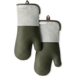 KITCHENAID® Evergreen Design Series Herringbone Ribbed Soft Silicone Oven Mitts 2-Pack Set, Heat Resistant up to 500°F, Flexible & Waterproof, Deep Forest Green, 7″x14″