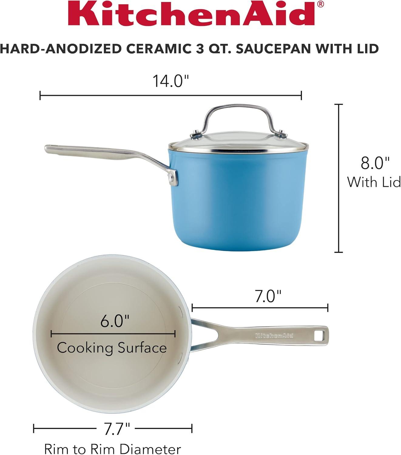 imageKitchenAid Hard Anodized Ceramic Nonstick Cookware Sauce Pan with Lid 3 Quart Matte BlackBlue Velvet