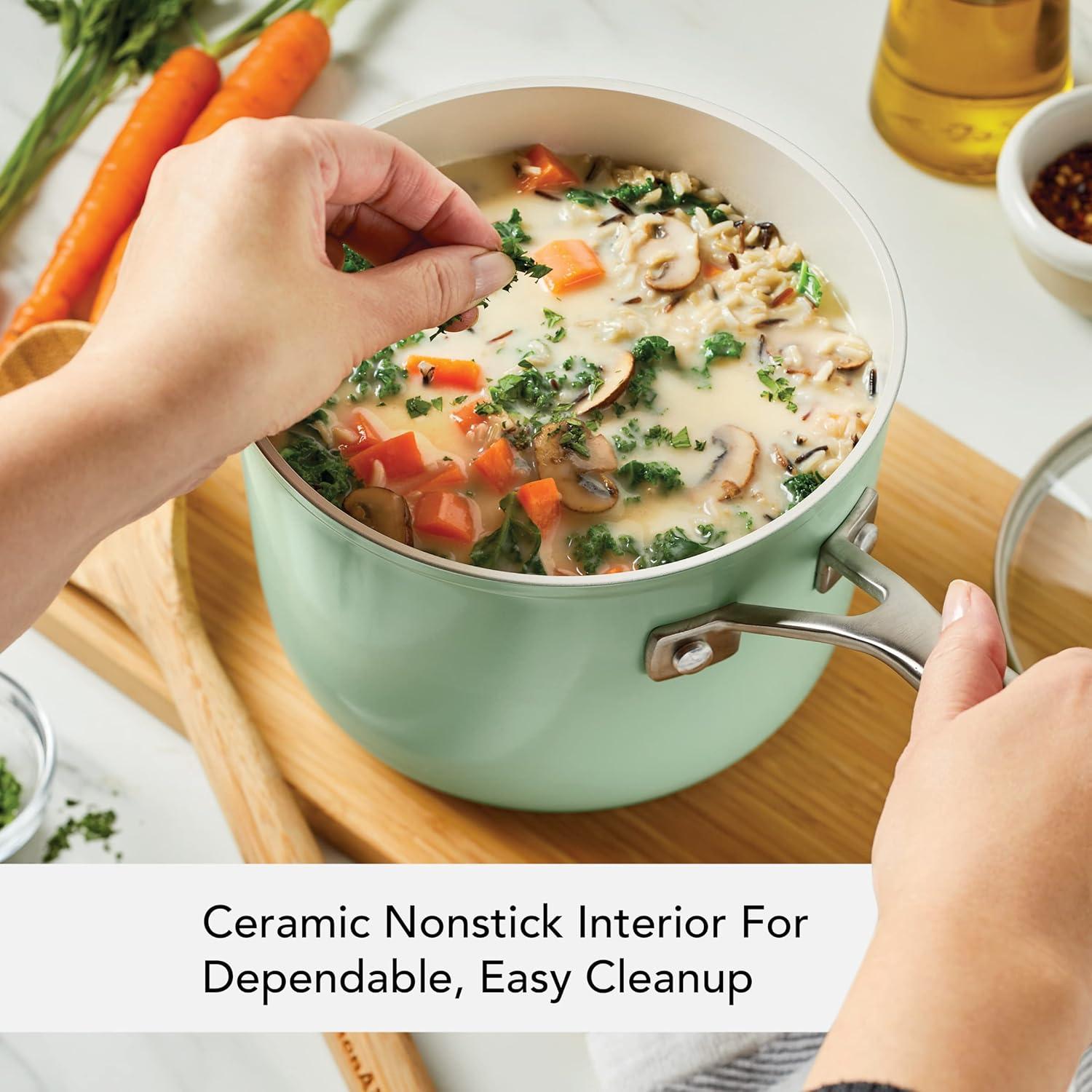 imageKitchenAid Hard Anodized Ceramic Nonstick Cookware Sauce Pan with Lid 3 Quart Matte BlackPistachio Green