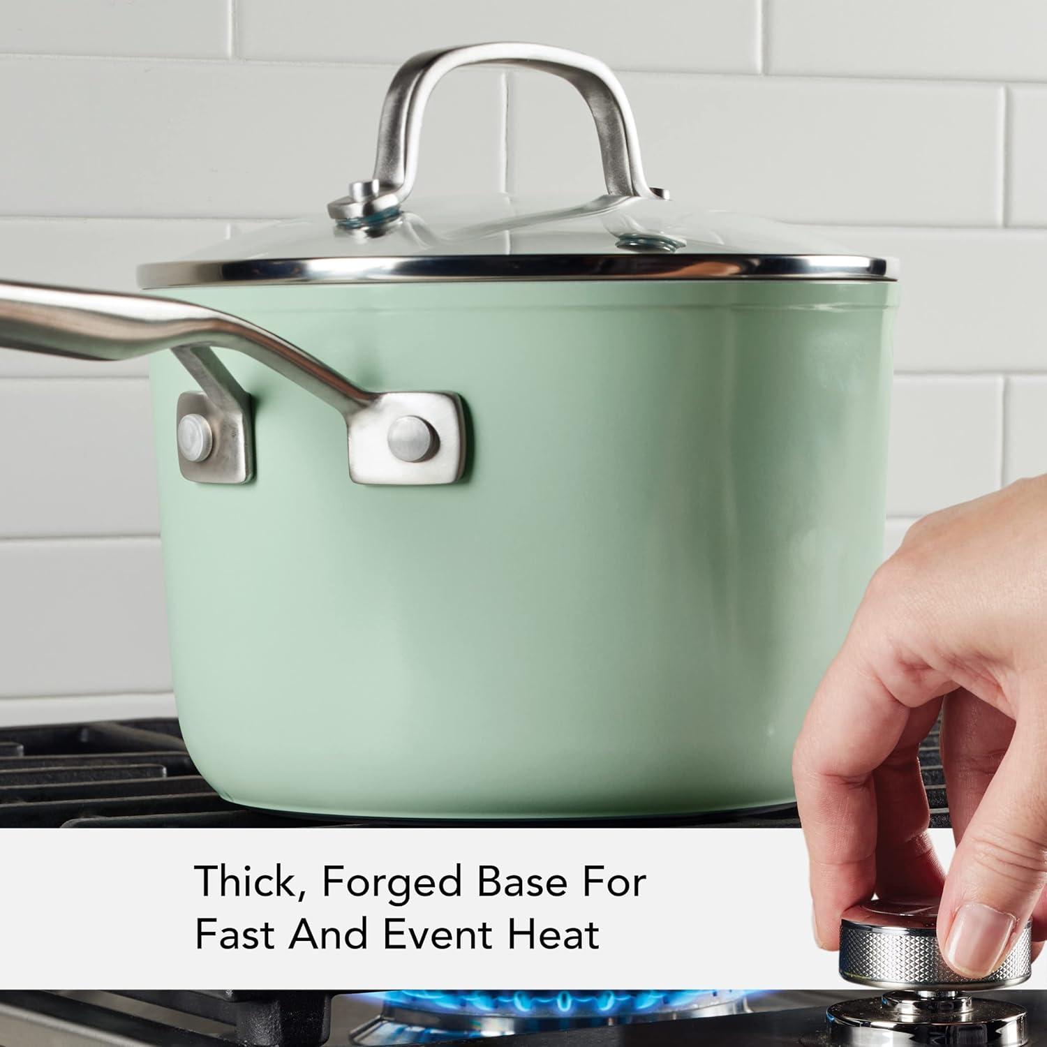 imageKitchenAid Hard Anodized Ceramic Nonstick Cookware Sauce Pan with Lid 3 Quart Matte BlackPistachio Green