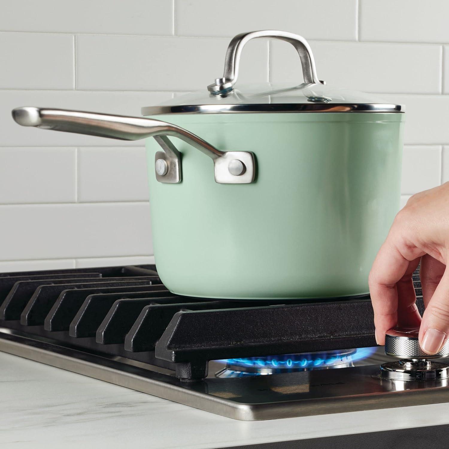 imageKitchenAid Hard Anodized Ceramic Nonstick Cookware Sauce Pan with Lid 3 Quart Matte BlackPistachio Green