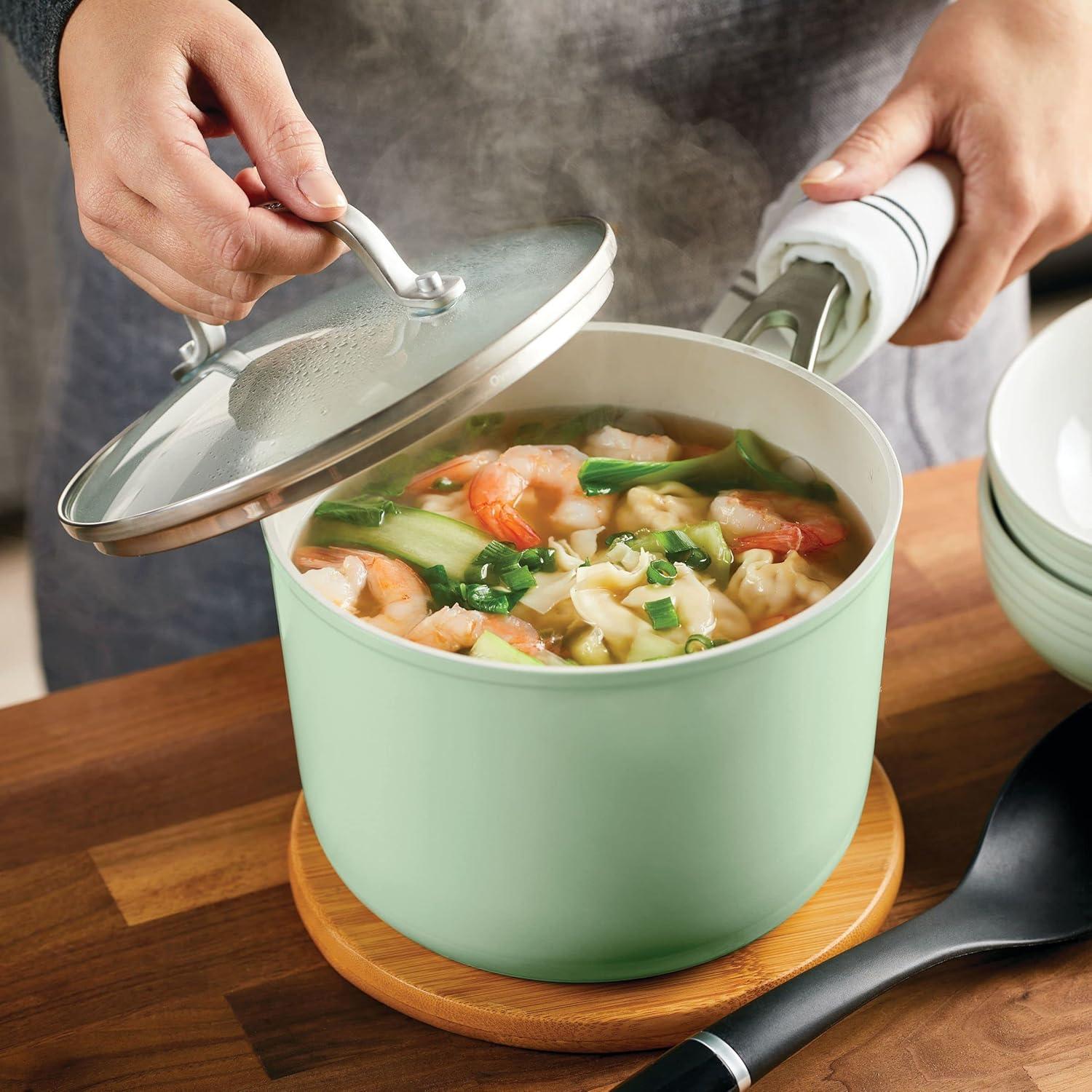 imageKitchenAid Hard Anodized Ceramic Nonstick Cookware Sauce Pan with Lid 3 Quart Matte BlackPistachio Green