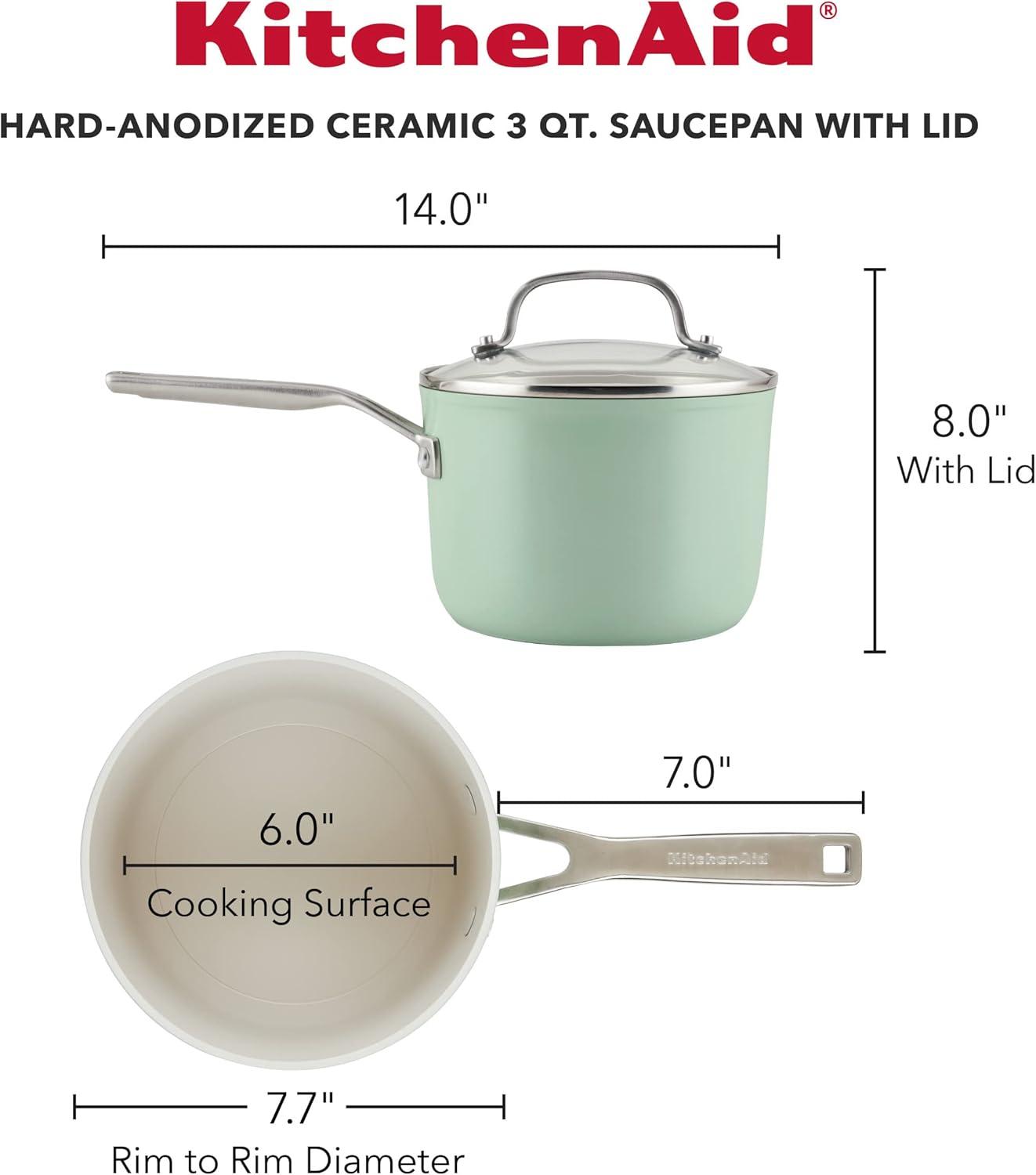 imageKitchenAid Hard Anodized Ceramic Nonstick Cookware Sauce Pan with Lid 3 Quart Matte BlackPistachio Green