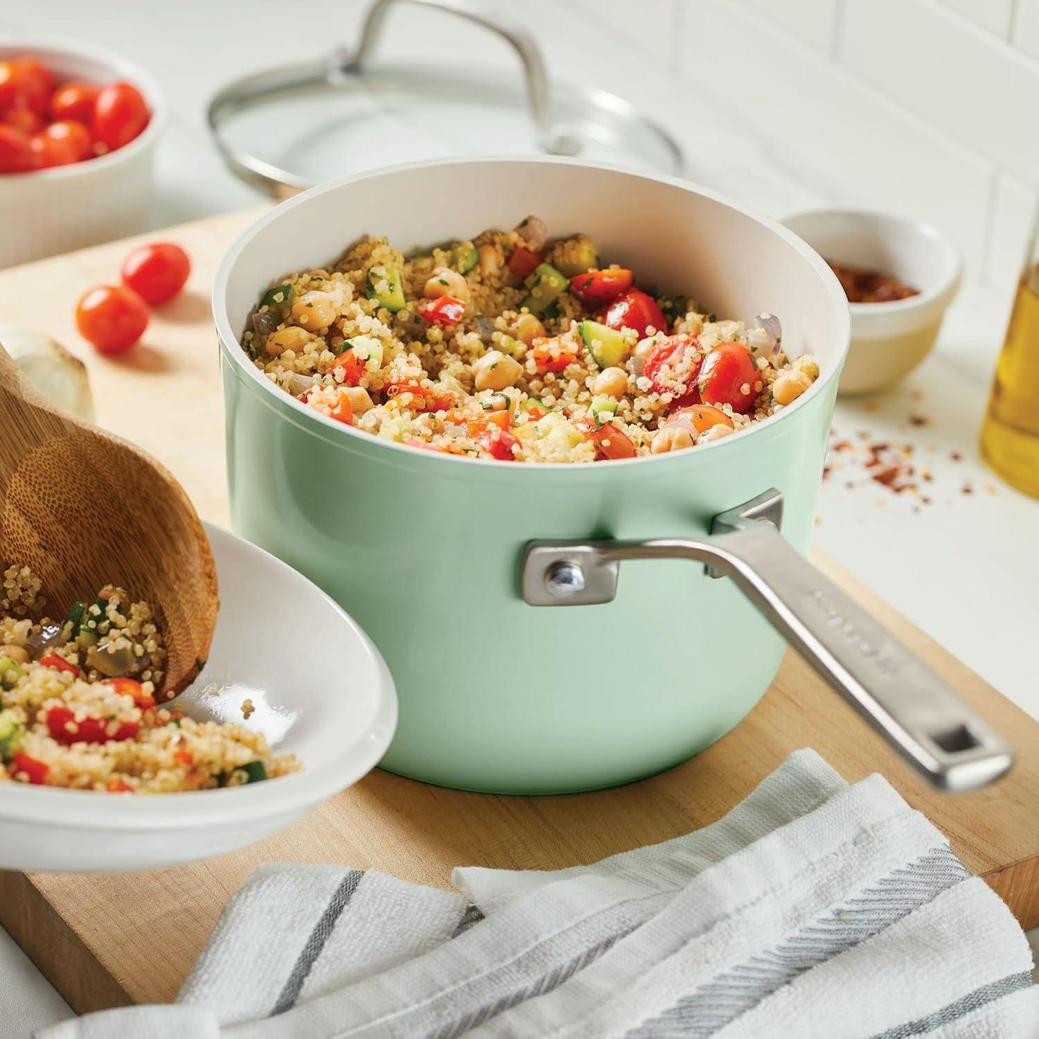 imageKitchenAid Hard Anodized Ceramic Nonstick Cookware Sauce Pan with Lid 3 Quart Matte BlackPistachio Green