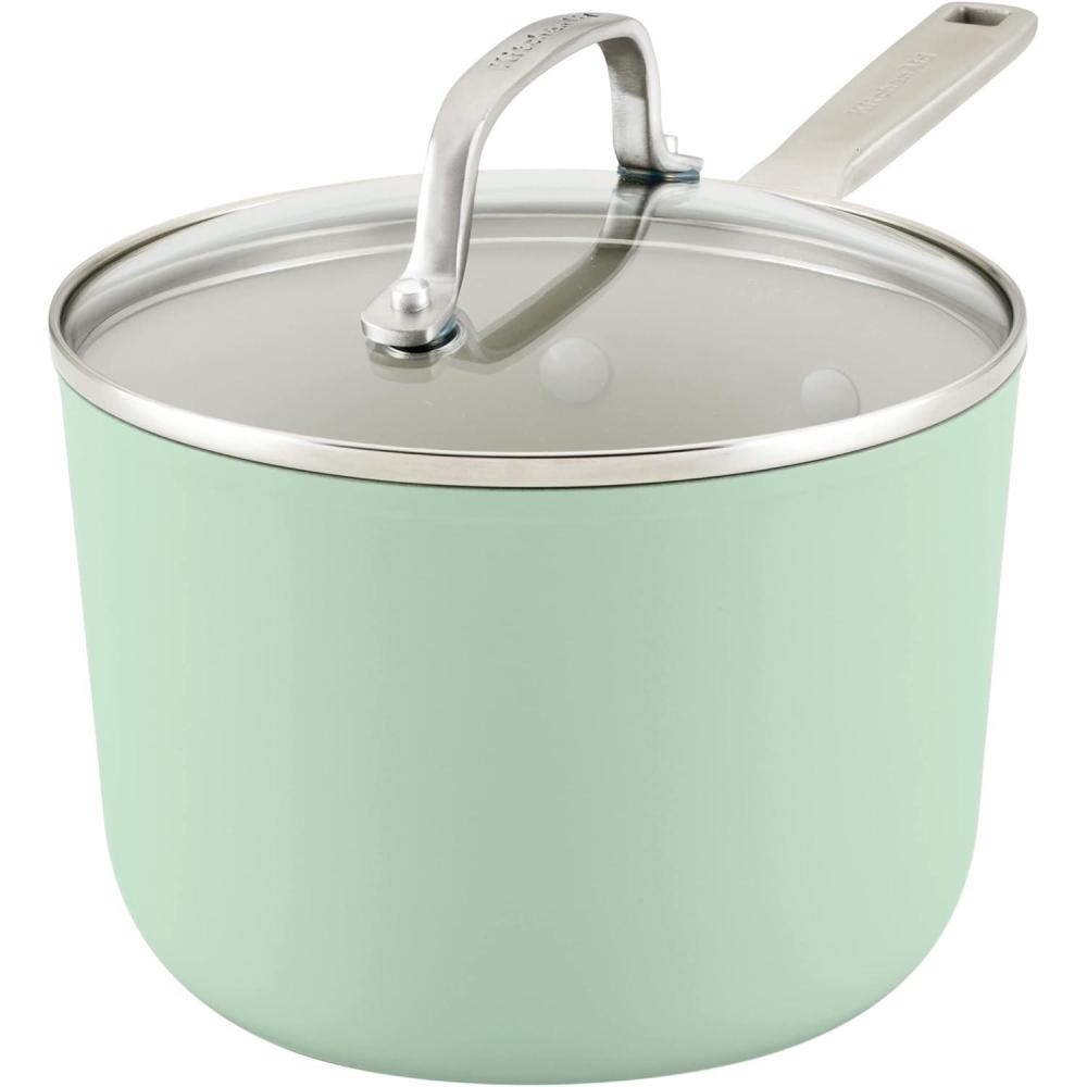 imageKitchenAid Hard Anodized Ceramic Nonstick Cookware Sauce Pan with Lid 3 Quart  Matte BlackPistachio Green