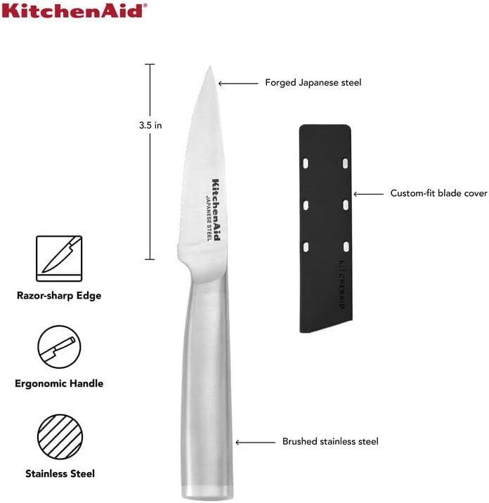 imageKitchenAid Gourmet Forged Stainless Steel Paring Knife with CustomFit Blade Cover 35inch Sharp Kitchen Knife HighCarbon Japanese Stainless Steel Blade Brushed Stainless Steel Handle