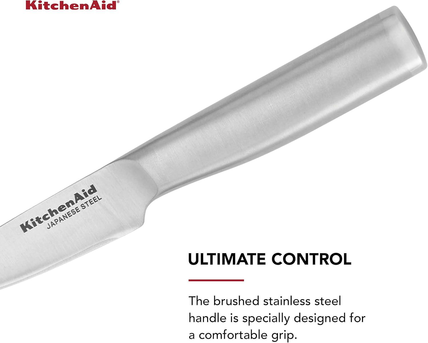 imageKitchenAid Gourmet Forged Stainless Steel Paring Knife with CustomFit Blade Cover 35inch Sharp Kitchen Knife HighCarbon Japanese Stainless Steel Blade Brushed Stainless Steel Handle