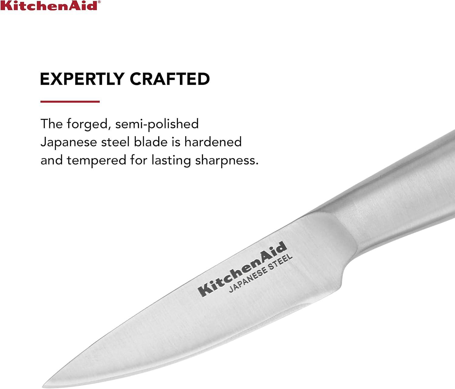 imageKitchenAid Gourmet Forged Stainless Steel Paring Knife with CustomFit Blade Cover 35inch Sharp Kitchen Knife HighCarbon Japanese Stainless Steel Blade Brushed Stainless Steel Handle
