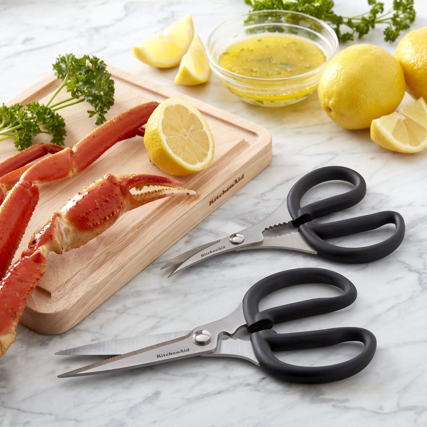 imageKitchenAid Stainless Steel Set of 2 All Purpose and Seafood Shears Set with Soft Touch Handles and Protective Sheath Curved Handle to Cut Crustacean Shell Dishwasher Safe Black